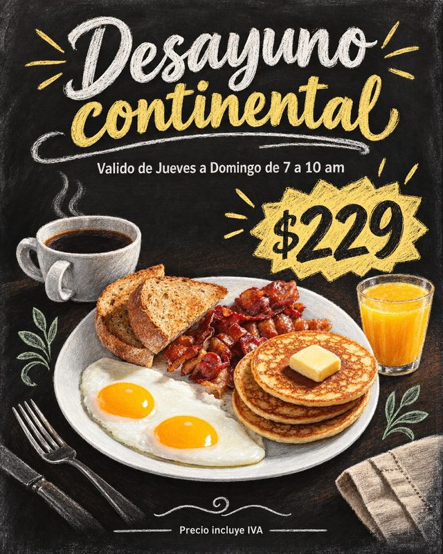 Flyer de desayuno continental en pizarrón